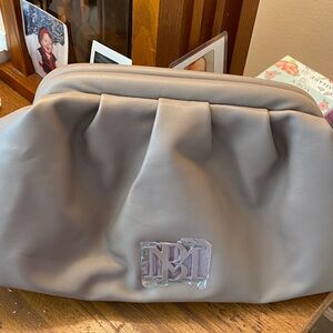 Badgley Mischka Taupe Pleated Shoulder Clutch with Monogram Plaque